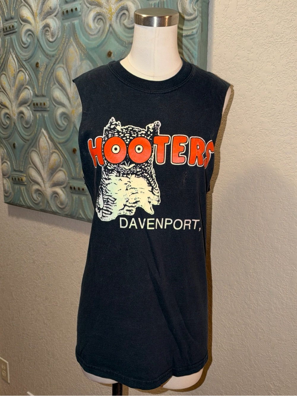 Hooters Black Tank Top with Orange Logo and White Owl Graphic small